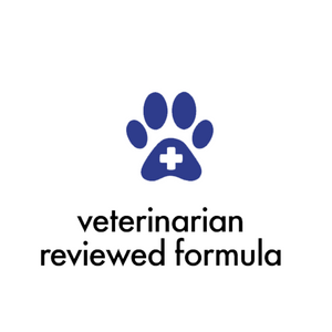 Blue paw print with a white cross and text 'veterinarian reviewed formula' on a white background